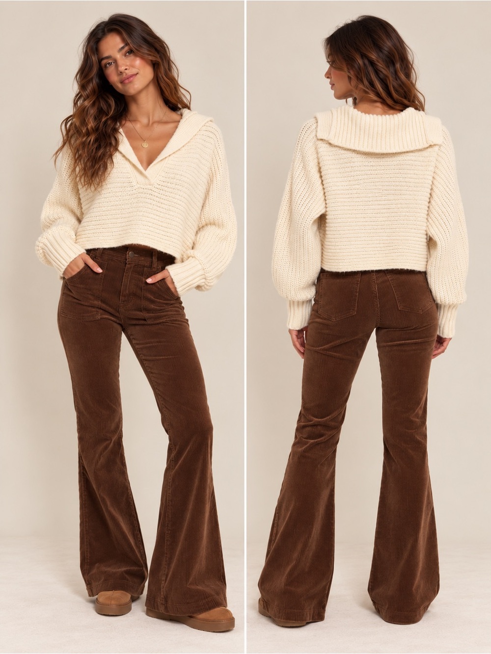 Buttermelon Cropped V‑Neck Sweater in Cream with Folded Collar
